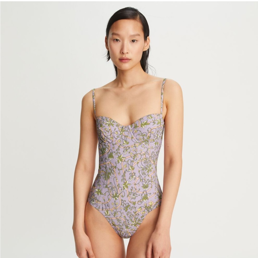 Tory Burch Lilac Garden Floral One-Piece Swimsuit Size Large EUC